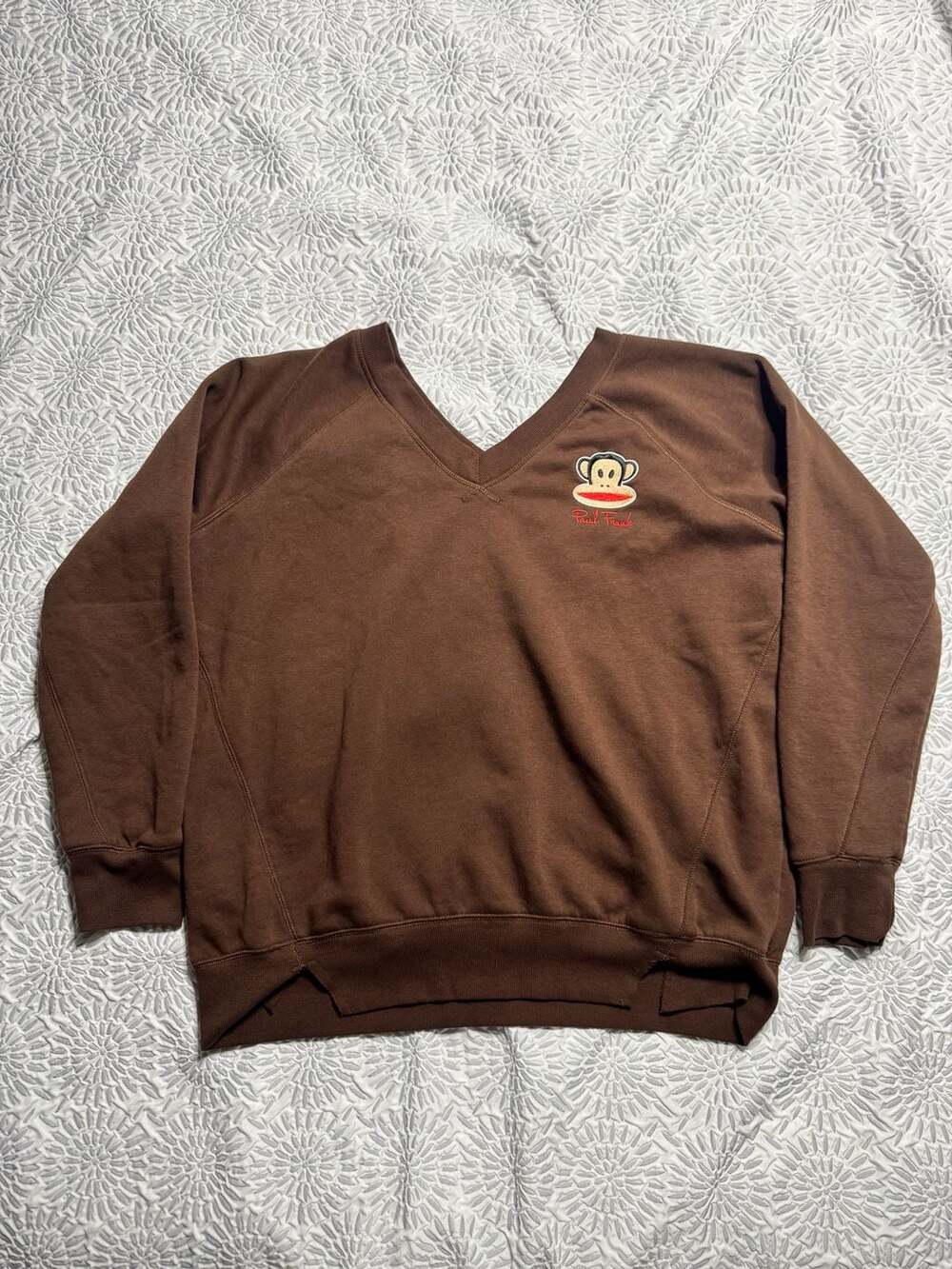 Paul Frank Brown V-Neck Sweatshirt Monkey Logo Embroidered Womens XL